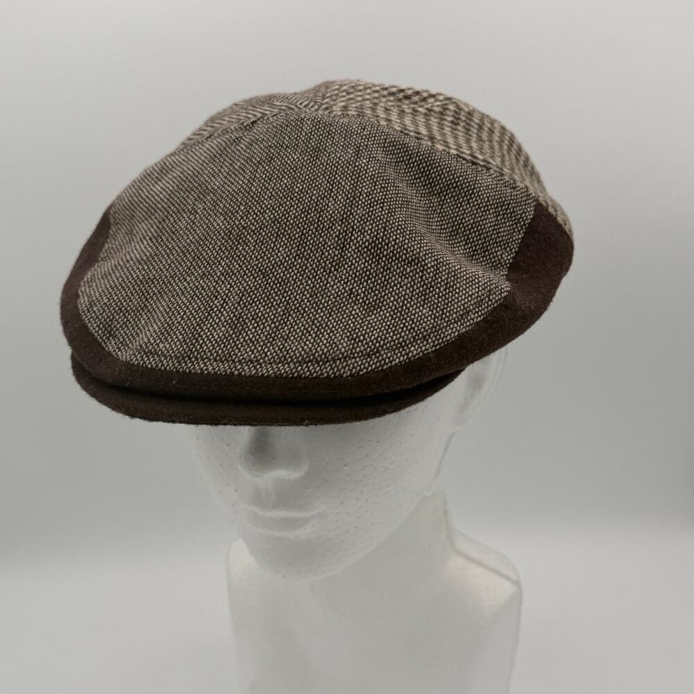 Dockers Mens Ivy Flat Cap Hat Brown Ear Flap Houndstooth Herringbone Wool S/M